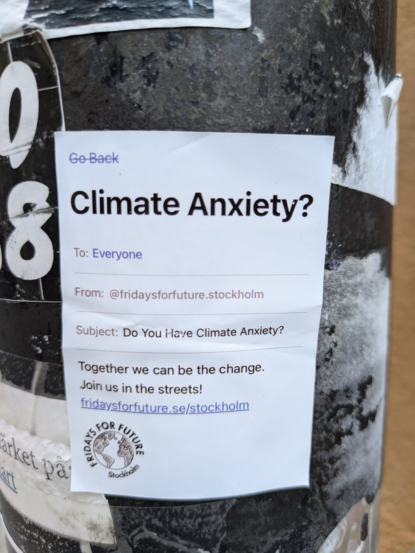 Sticker promoting climate action by Fridays For Future Stockholm.  It asks the question, "Climate Anxiety?" and encourages people to join their movement. The sticker includes a website to learn more.