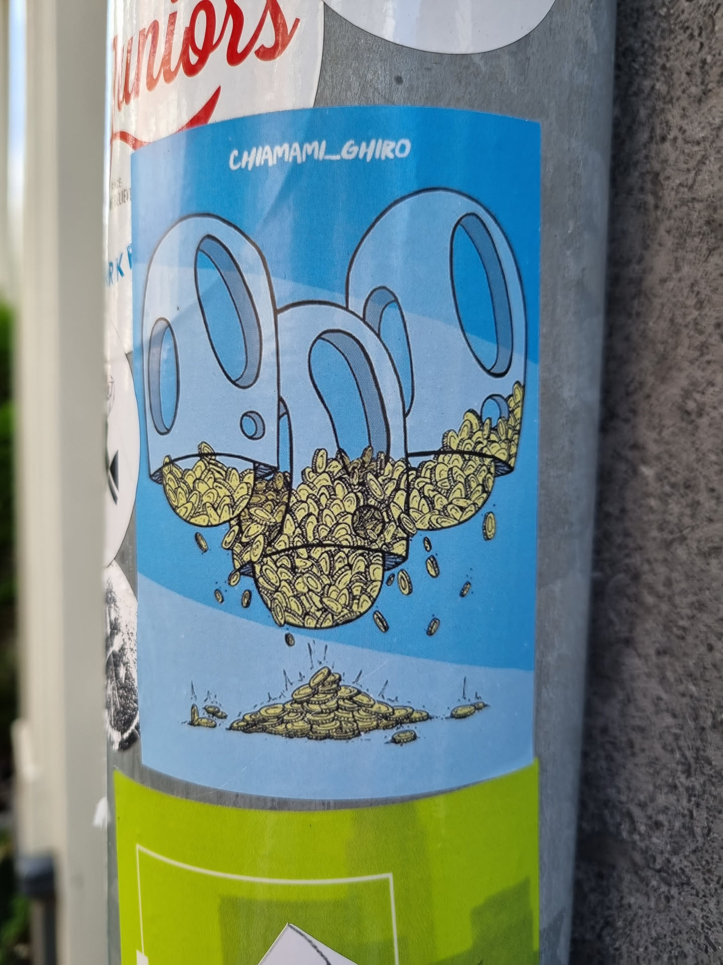 A sticker featuring an illustration of three abstract, rounded shapes, reminiscent of containers or vessels. They are depicted as overflowing with small, yellow, pebble-like objects.  These objects are spilling out onto a light blue background, creating a small pile at the bottom of the image. The overall style is cartoonish and playful, with clean lines and simple color palettes.