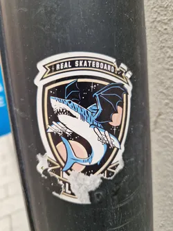 A sticker featuring a shark with bat wings in space, inside a shield-shaped emblem with the text "REAL SKATEBOARDS".  The sticker is slightly damaged around the edges.