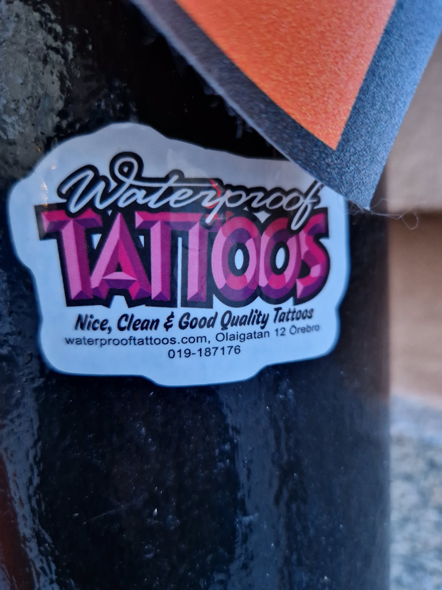 Sticker for Waterproof Tattoos, located in Olaigatan 12 Orebro, Sweden.  They advertise themselves as providing nice, clean, and good quality tattoos.