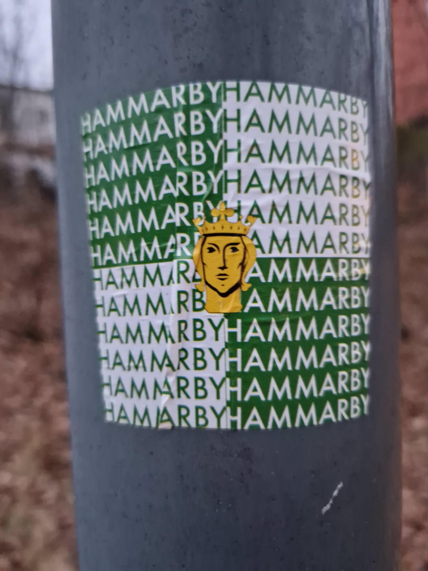 Close-up of a sticker featuring a golden crowned figure on a background with repeating "Hammarby" text in green and white. The sticker is affixed to a gray pole.