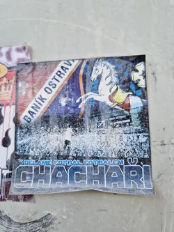 A sticker featuring a white horse, a football stadium, and the text "Chachari" and "Baník Ostrava". The text at the bottom reads "Delame fotbal fotbalem v".