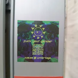 A square sticker with a psychedelic design. It features a central symbol surrounded by hearts and gender symbols. At the bottom, there is a QR code and the text "11.06.22 @ untertage".