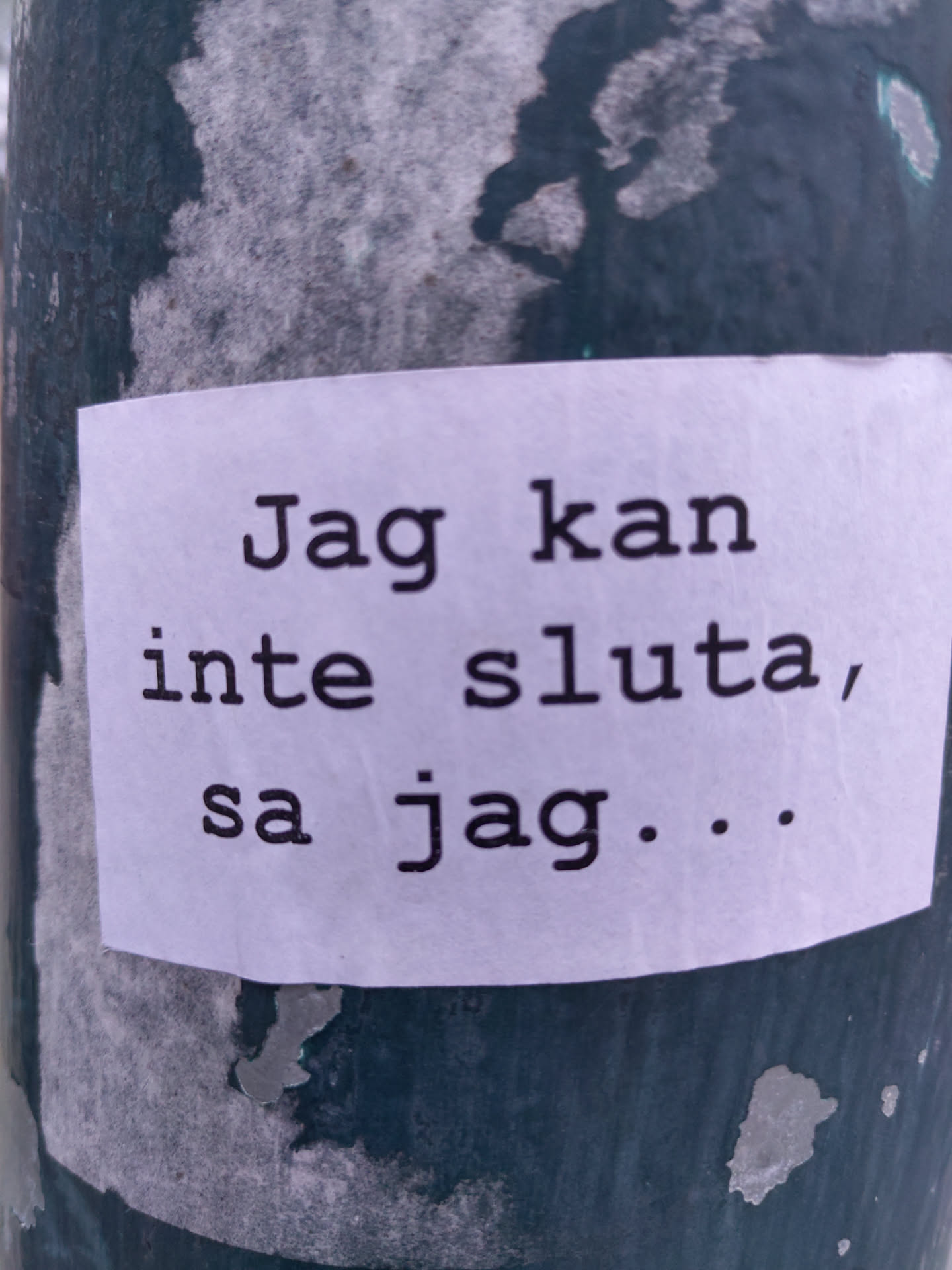 A white sticker with a simple text message in Swedish.  The text appears to be typed and looks like a personal thought or statement. The sticker is affixed to a dark-colored pole outdoors, showing some wear and tear.