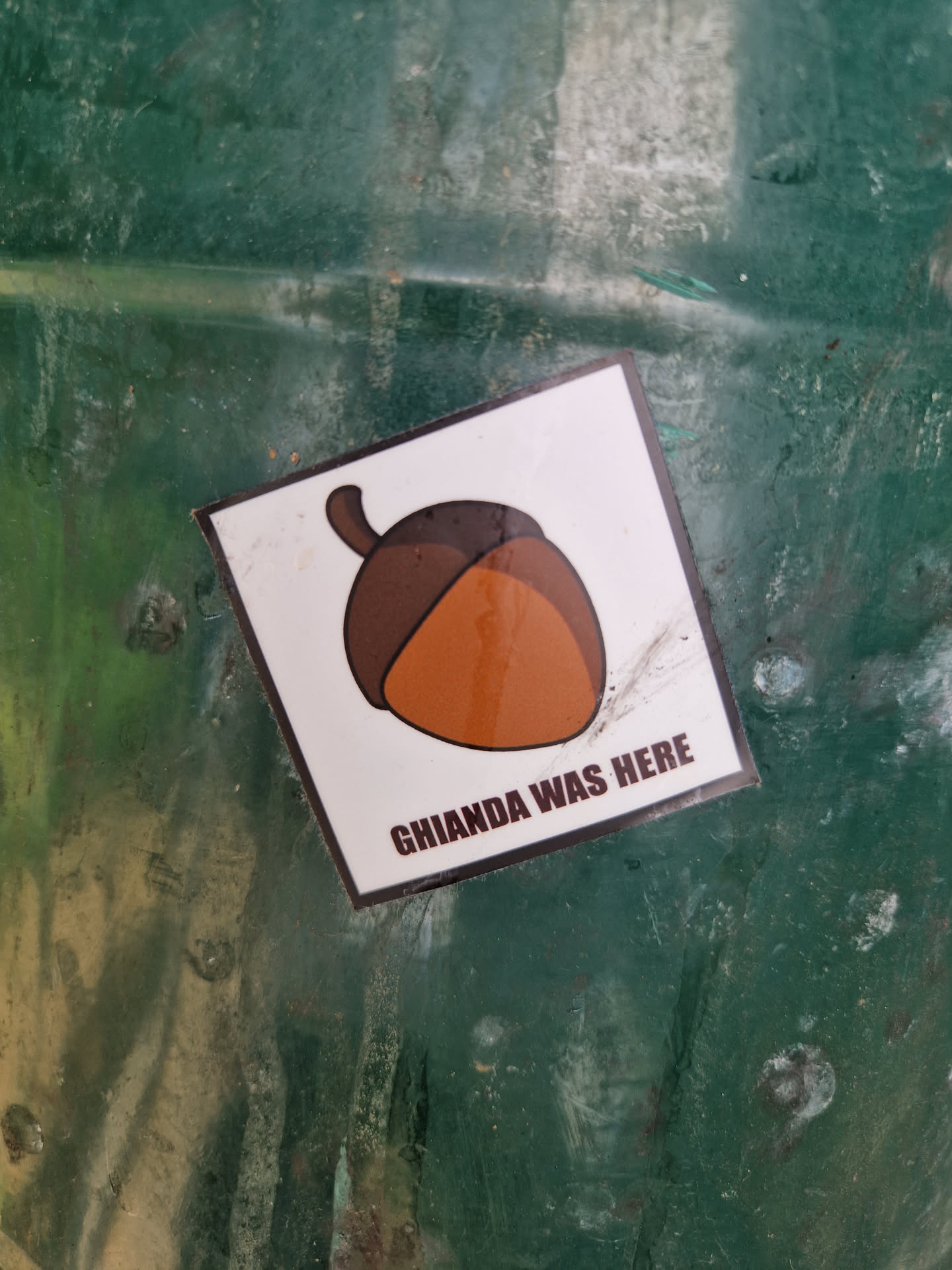 A sticker with an illustration of an acorn and the text "Ghianda was here".