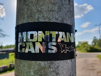 A sticker featuring the Montana Cans logo. The logo is in silver on a black background. The sticker is affixed to a gray pole.