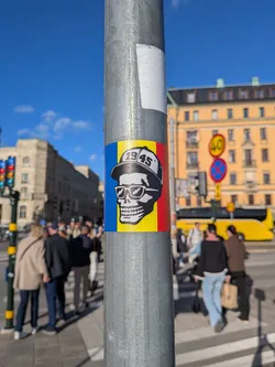 Street sticker A rectangular sticker wrapped around a metal lamppost. The background consists of three vertical stripes in blue, yellow, and red. Centered on the sticker is a black-and-white graphic of a smiling human skull wearing sunglasses with lightning-bolt reflections and a tilted baseball cap emblazoned with the number '1945'.