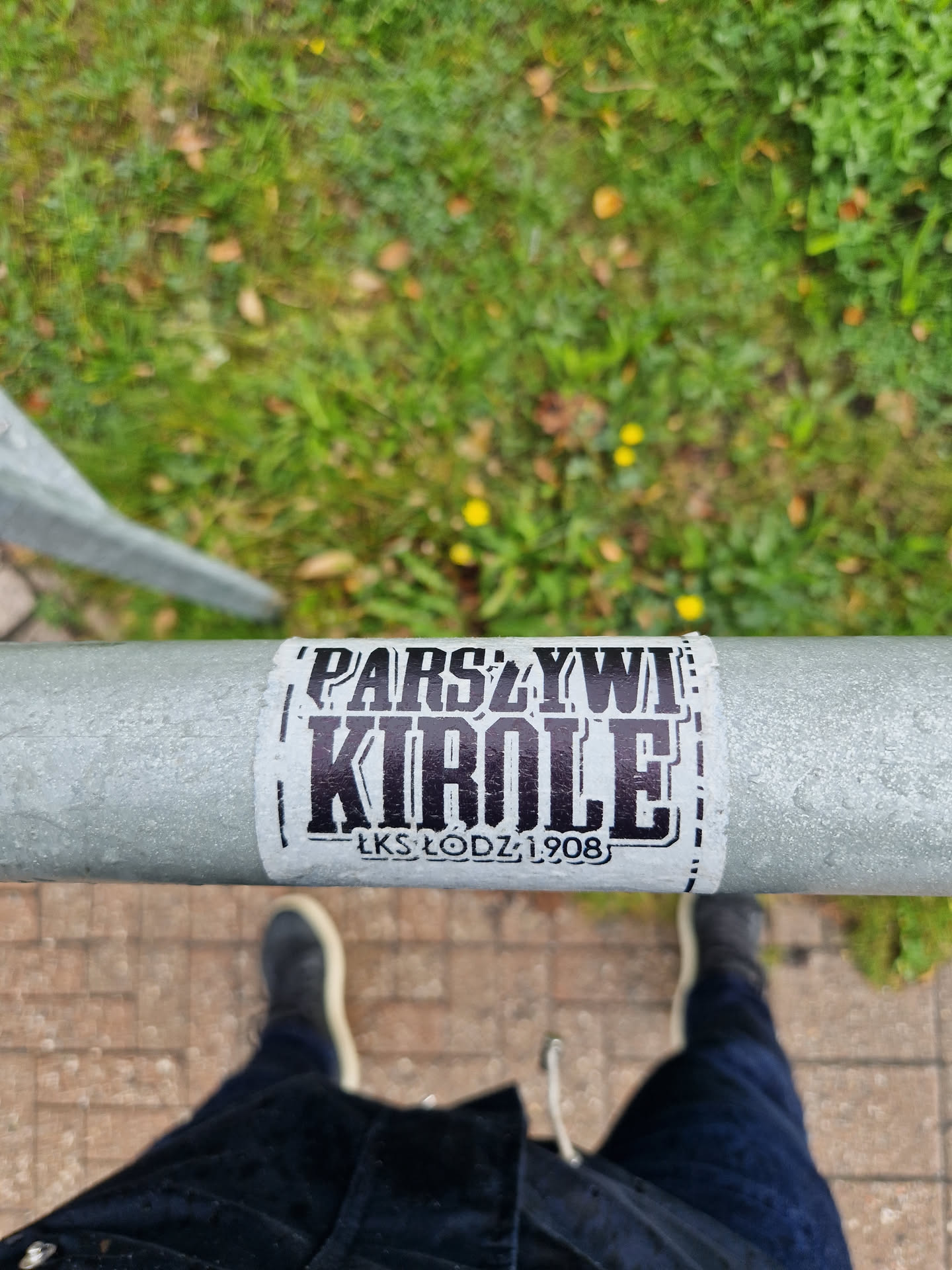 A black and white sticker with the text "PARSZYWI KIROLE" and "LKS LODZ 1908" below it.  It's affixed to a metal railing outdoors.