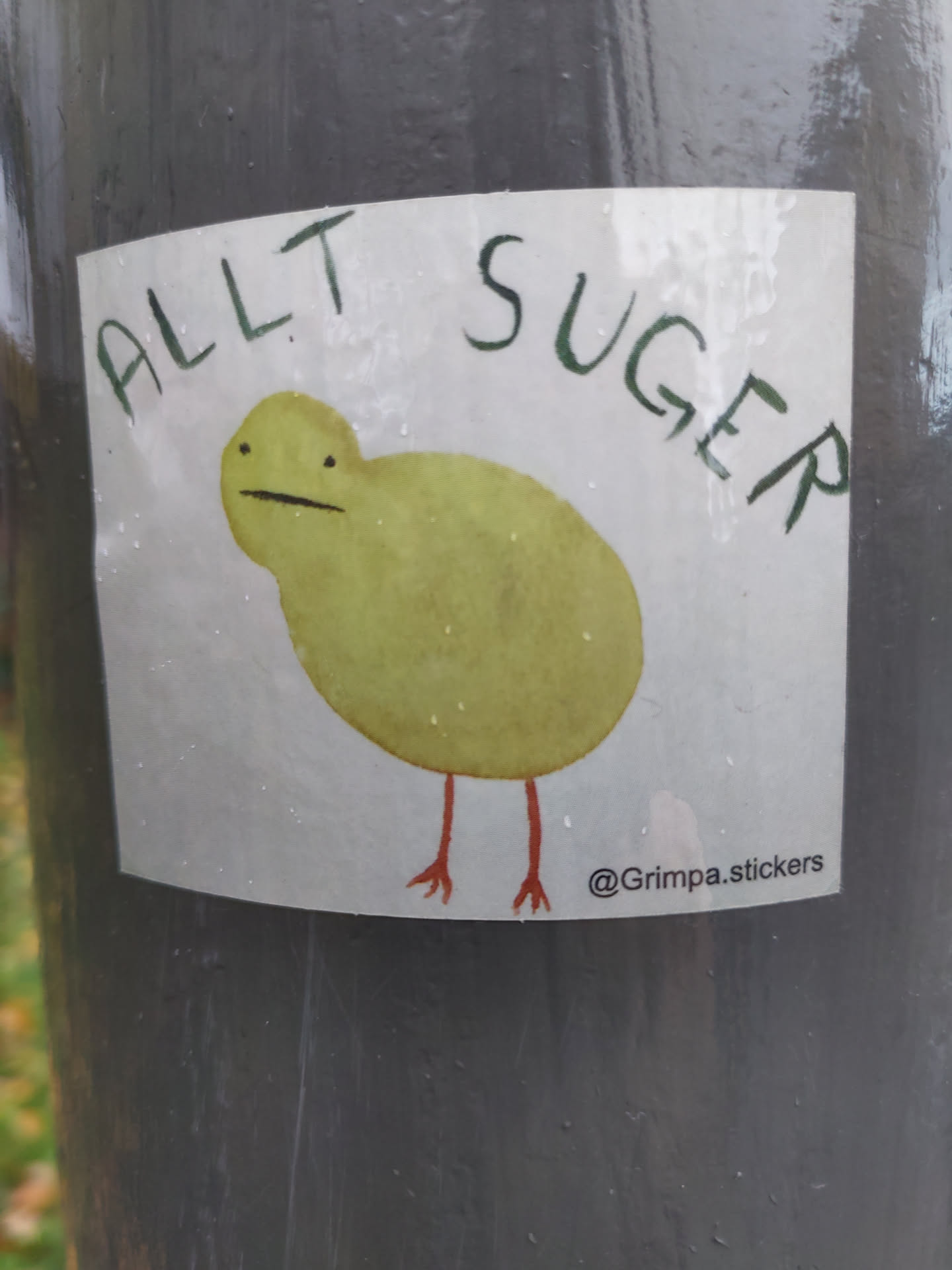 A sticker with a simple drawing of a bird and the text "All Sucks" written above it. The artist's Instagram account is mentioned in the bottom right corner.