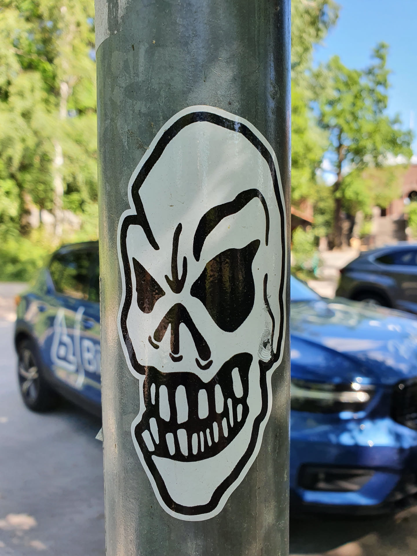 A black and white sticker of a skull with a wide, toothy grin affixed to a metal post. The skull is drawn in a simple, almost cartoonish style. 
