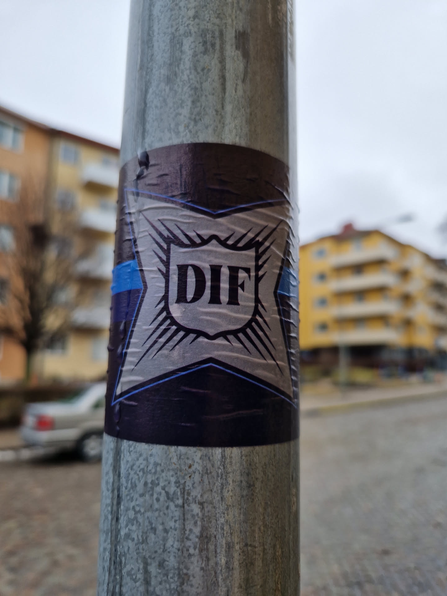 A black and silver sticker with the letters DIF in the center, surrounded by a starburst design.  It's affixed to a metal pole, showing some signs of wear.