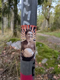 Street sticker A rectangular sticker affixed to a grey metal post along a forest trail. The sticker features a vintage, sepia-toned photograph of legendary German soccer player Fritz Walter holding an old-fashioned leather soccer ball. He is wearing a dark, lace-up retro jersey bearing the circular '1. FCK' crest of 1. FC Kaiserslautern. In the background behind him, a dynamic sunburst pattern radiates outwards in bands of cream, orange, and dark red, with the bold letters 'FRITZ' partially visible across the top.