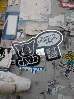 A die-cut sticker with a shiny silver foil border depicting a stylized, grumpy black cat sitting down with sharp, angry eyes. A large speech bubble next to the cat reads 'YOUR FIT LOOKS UGLY ASF.' in bold black uppercase letters, and directly underneath the speech bubble is a prominent QR code set against a dark background.