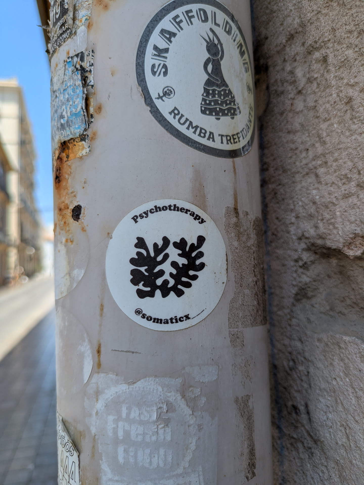 A round sticker on a street pole with the text "Psychotherapy" above a black, coral-like image. Below it is an Instagram handle '@somaticx_'.