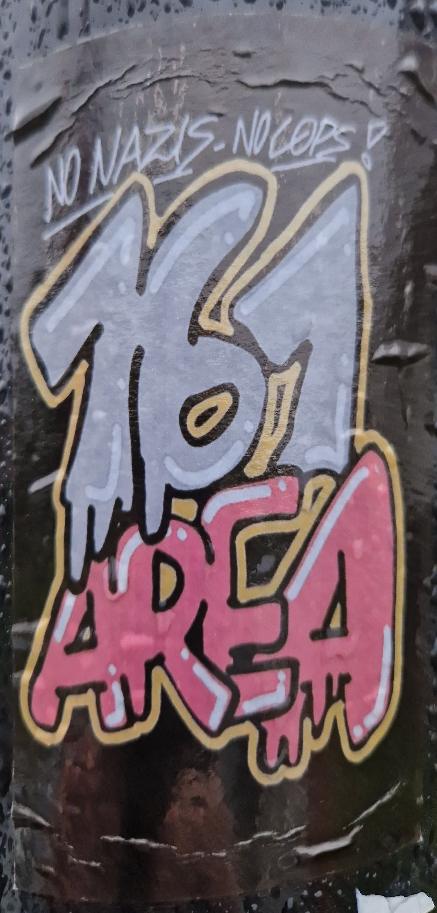 A sticker with graffiti-style artwork. The main design is the number 161 over the word AREA, with a dripping effect. The phrase 'NO NAZIS NO COPS' is written at the top.