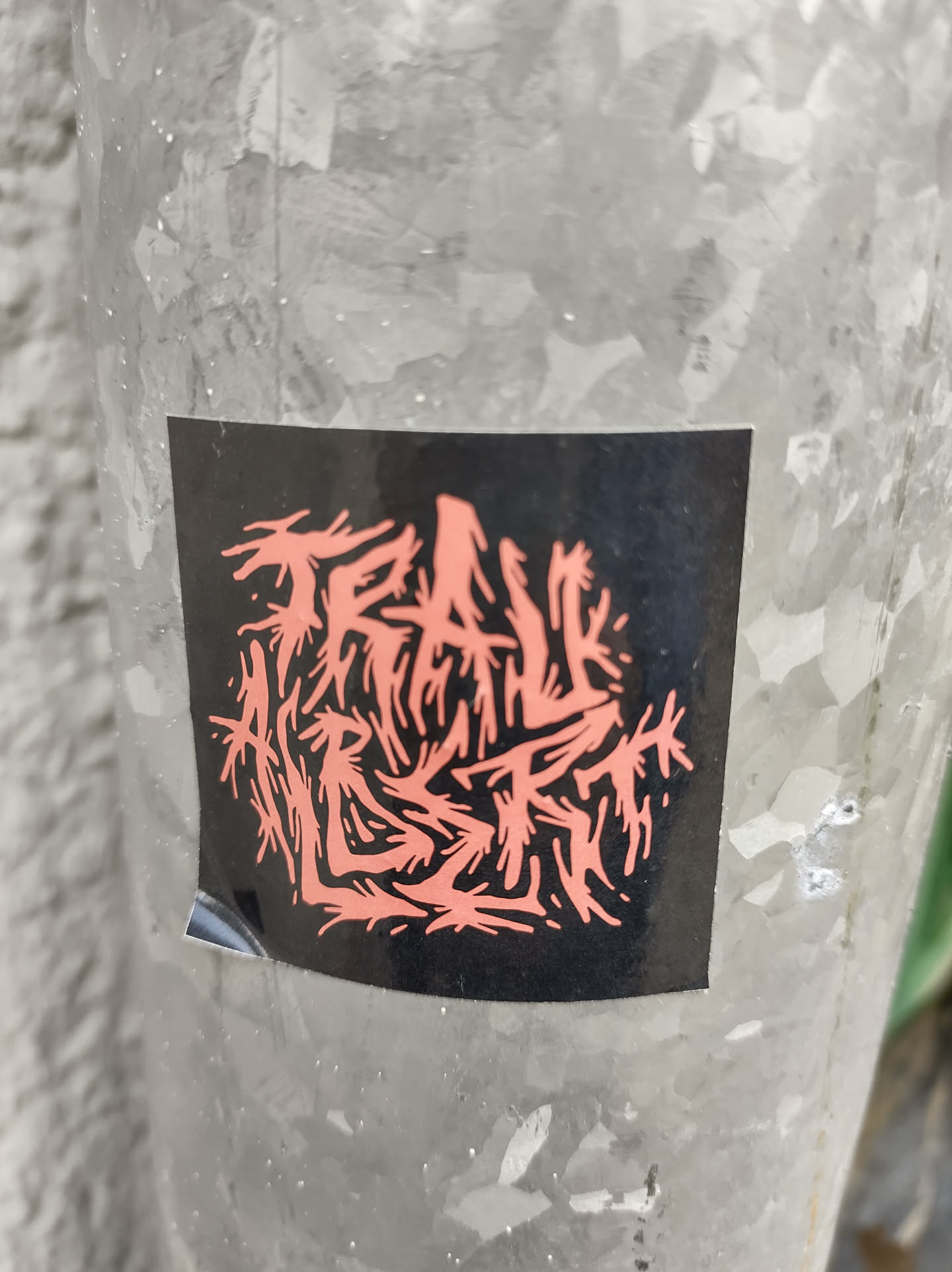 A sticker with the word "TRAILHEAD" written in a stylized font. The font is reminiscent of metal band logos or graffiti art.  The text is salmon pink against a black background. The sticker is affixed to a gray metal pole.