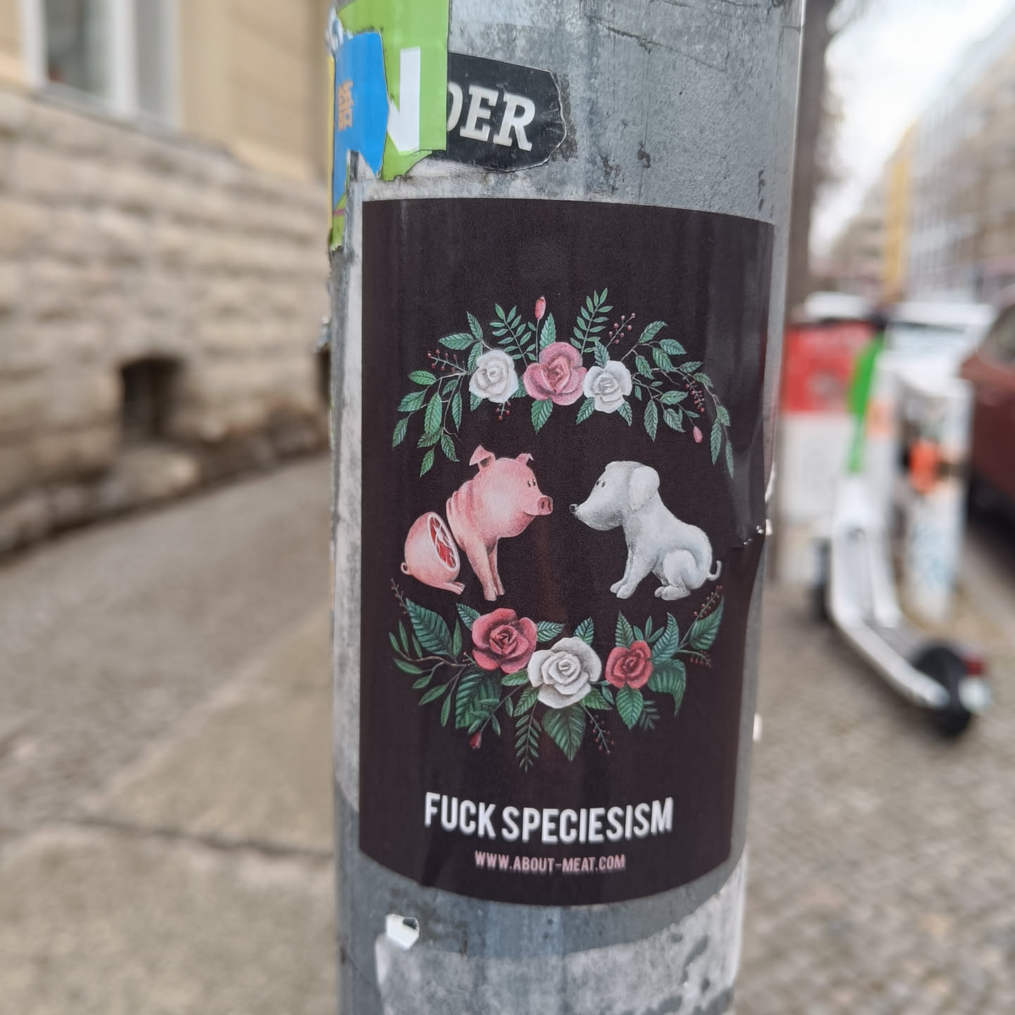 Dark-colored sticker with an illustration of a pig and a dog in a floral arrangement. The text 'FUCK SPECIESISM' is prominently displayed, along with a website address: www.about-meat.com. The style is graphic and bold.