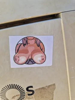 A sticker depicting a cartoon drawing of a woman's breasts. The drawing is in a circular frame on a white square sticker. The woman has light brown hair and is wearing a purple top.