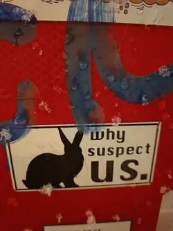 A black and white sticker featuring a silhouette of a rabbit and the text 'Why suspect us.' The sticker is affixed to a red surface.