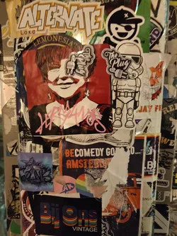 A vibrant sticker featuring a stylized portrait of a woman with a bold graphic style.  The sticker is surrounded by other stickers, creating a collage effect.