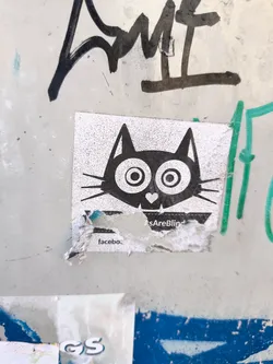 A sticker featuring a stylized black cat with large eyes and a small heart. The text 'Cats Are Blind' is partially visible.