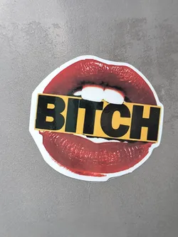 A sticker of a pair of red lips with the word BITCH in bold black letters on a yellow background across the lips.