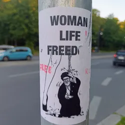 Sticker featuring a political illustration with the text Woman Life Freedom.  The illustration shows a man seemingly being cleansed by water flowing from a pair of legs. 