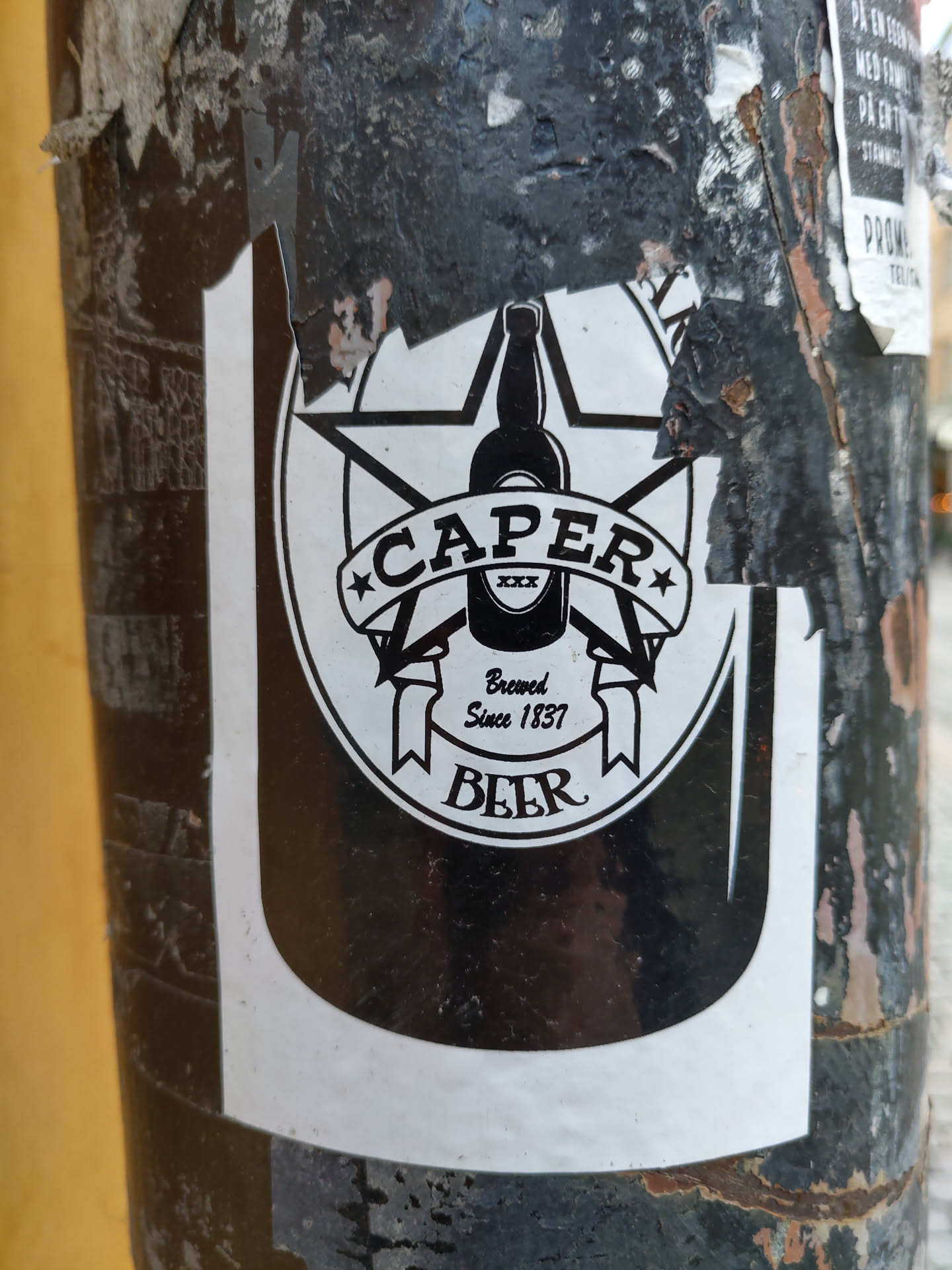 A black and white sticker featuring a beer bottle inside a star emblem. The text 'CAPER' is prominently displayed, along with 'Brewed Since 1837' and 'BEER'.