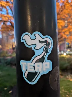 A sticker featuring a cartoon illustration of a Molotov cocktail with flames. The word "TERP" is displayed below the image, likely an abbreviation or a reference to a specific group or event.