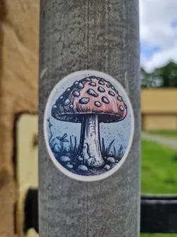 A round sticker featuring a detailed illustration of a mushroom with pink cap and white spots against a light blue background. The illustration includes small details like grass and stones around the base of the mushroom. The sticker is affixed to a weathered gray metal pole.