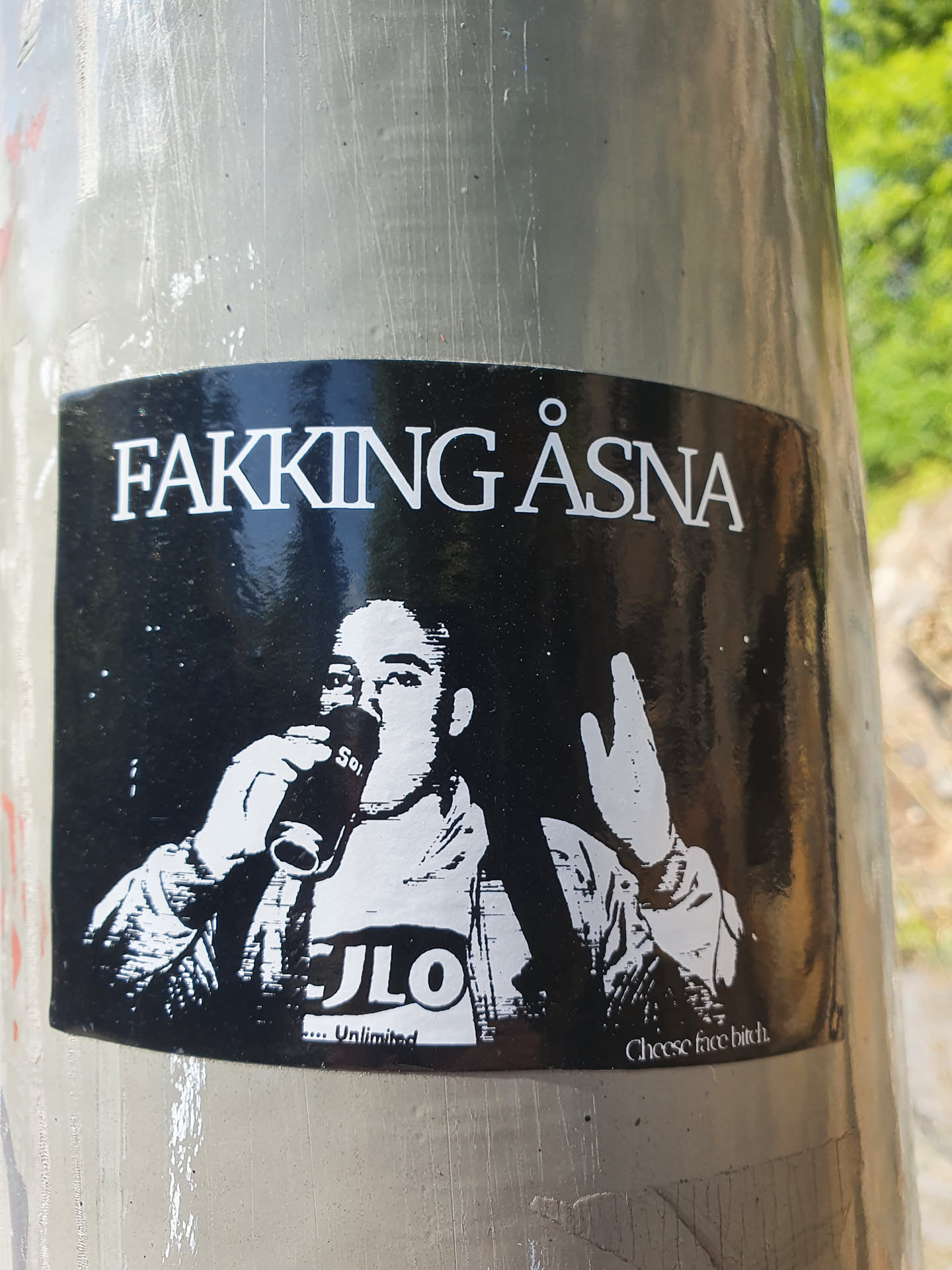 Black and white sticker featuring a person drinking from a cup and making a hand gesture. The text "Fakking Åsna" is at the top and "Cheese face bitch" at the bottom.