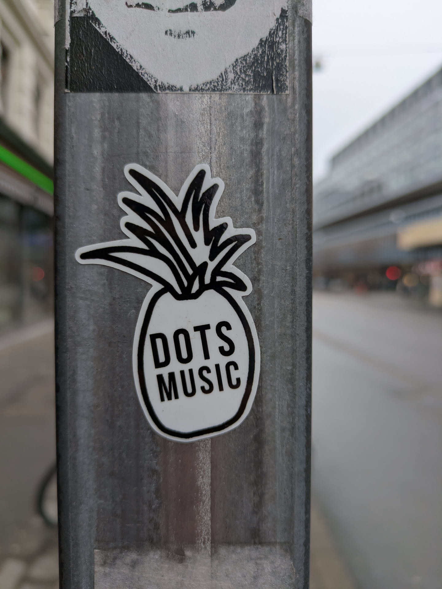 A white sticker on a metal pole features a black line art drawing of a pineapple. Inside the pineapple shape, the words "DOTS MUSIC" are printed in black, stacked one above the other.