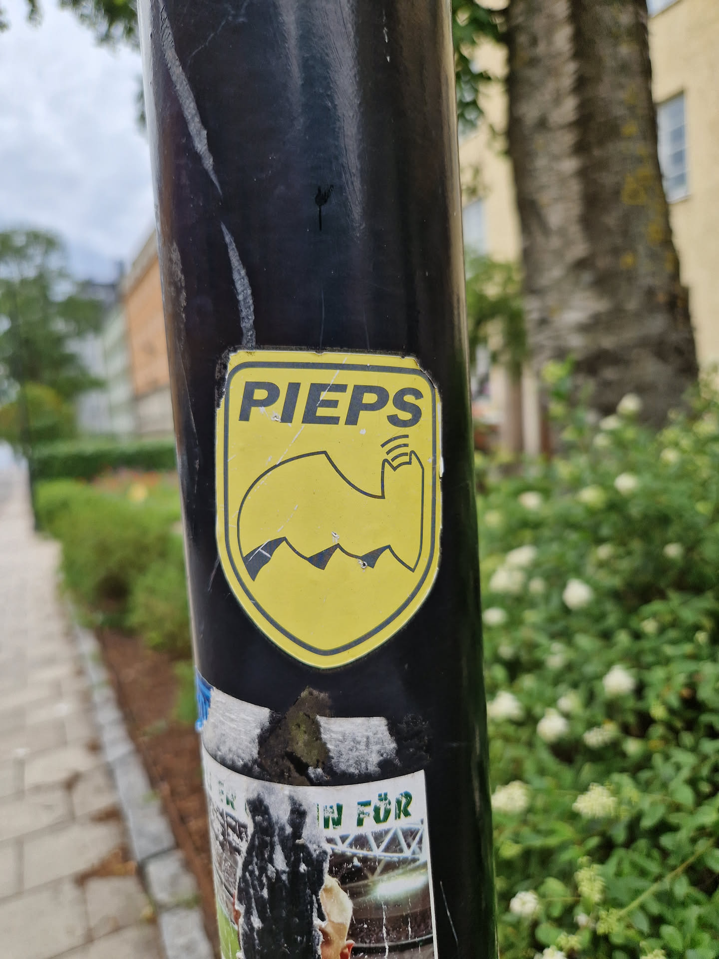 A yellow and black sticker with the word "PIEPS" and a logo that appears to be related to avalanche safety or outdoor gear.  The logo depicts mountains and what looks like a transceiver device. The sticker is affixed to a dark pole.