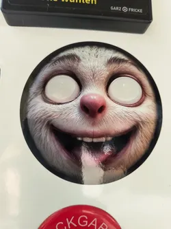 Round sticker featuring a cartoon sloth with a wide, toothy grin and large, expressive eyes. The sloth's tongue is hanging out. The style is whimsical and slightly surreal.