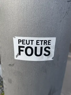 A sticker on a grey pole with the text "Peut être fou(s)" which translates to "Maybe crazy" or "Maybe crazy (plural)" in English. The sticker is slightly damaged.