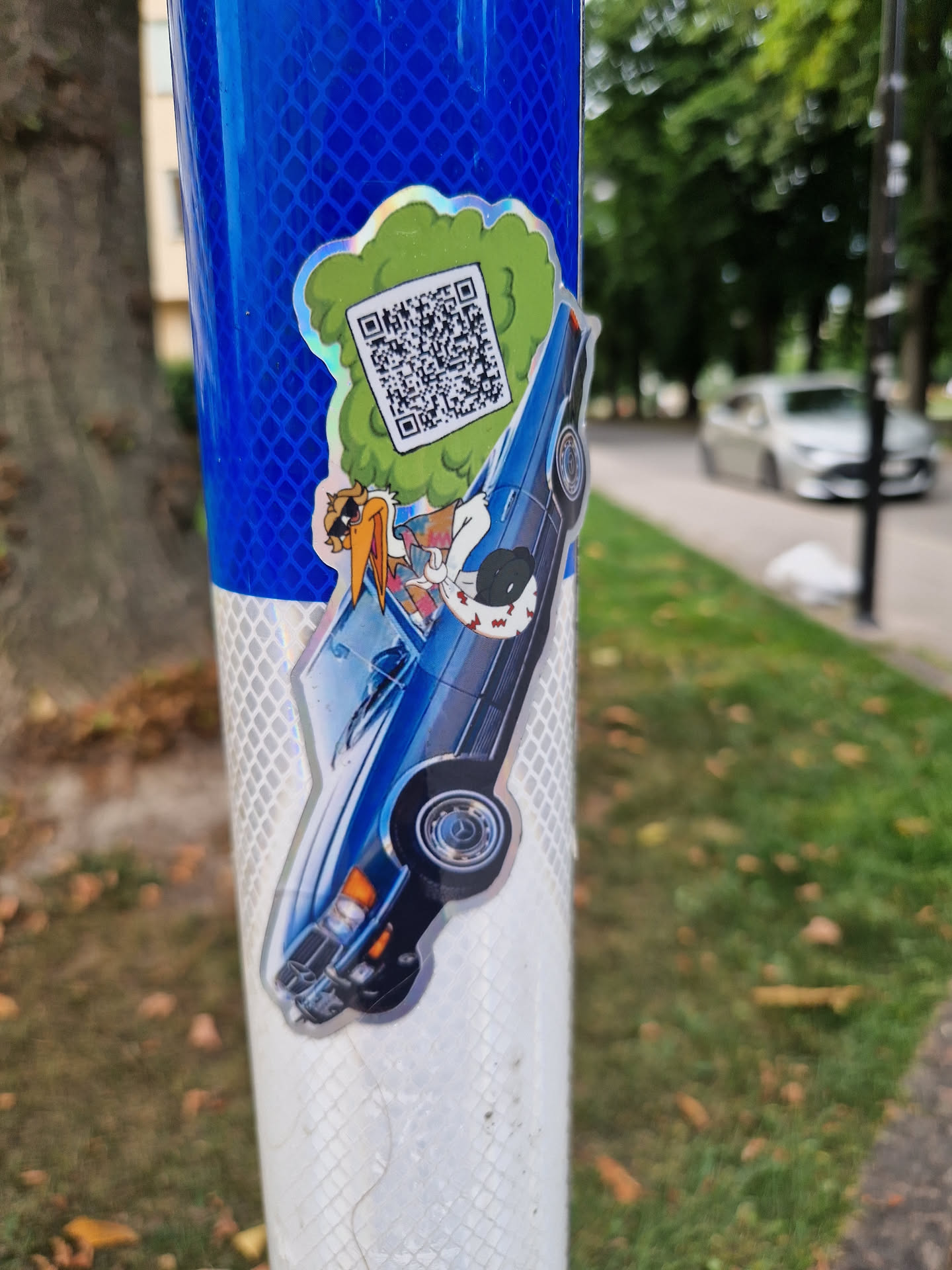 A vibrant sticker featuring Daffy Duck in a classic blue car. A QR code is prominently displayed within a green cloud behind the car. The sticker has a glossy, holographic effect. 