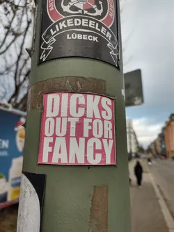 Pink sticker on a pole with the text "Dicks out for fancy".