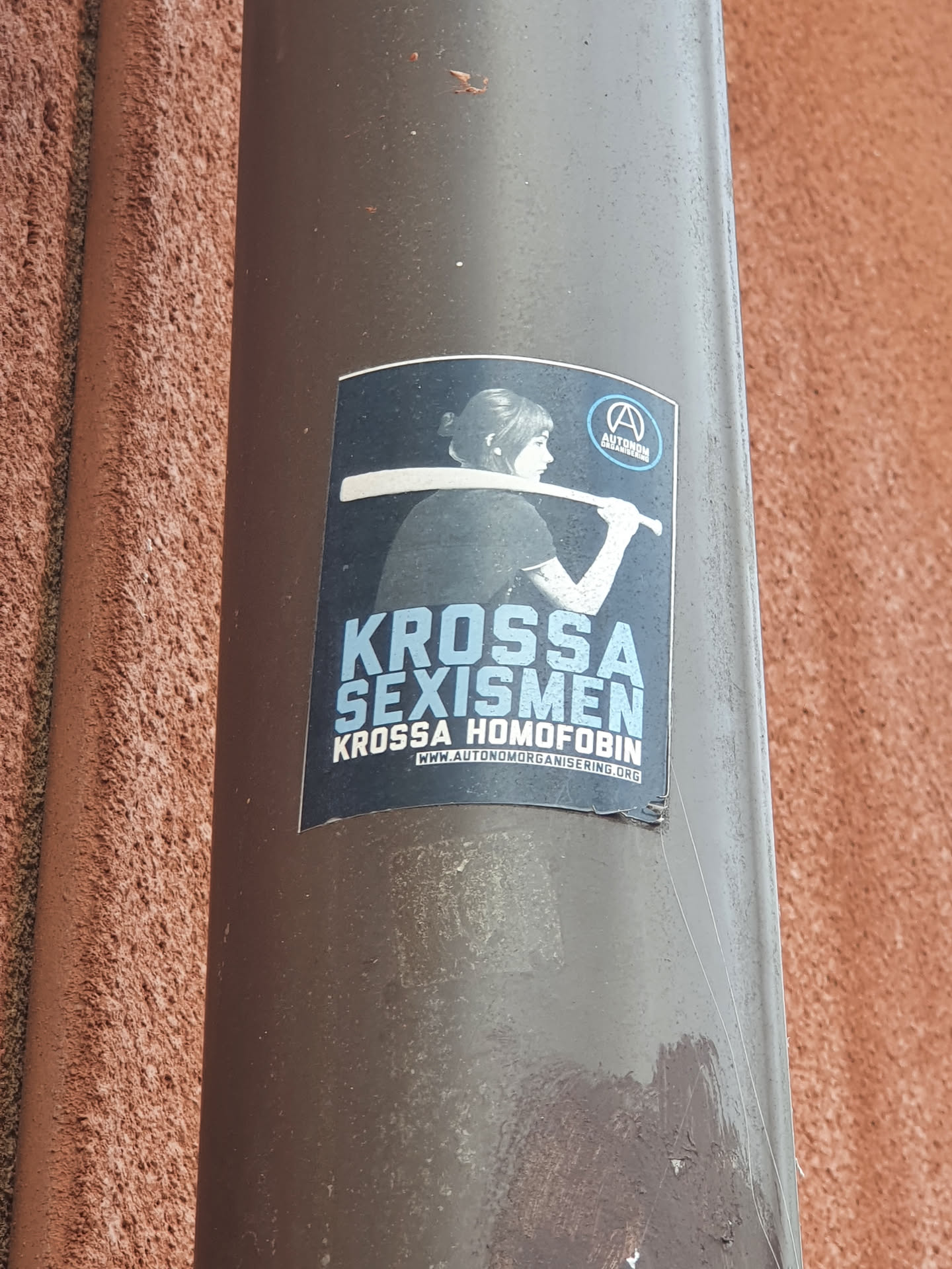 A sticker featuring a woman carrying a baseball bat with text in Swedish. The text translates to "Smash Sexism Smash Homophobia". There is a logo in the top right corner and a website address at the bottom. 