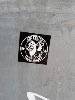 The sticker is square-shaped with a black background and white graphics. Centered on the sticker is a circular emblem. Within the circle, a stylized mask with sharp lines covers the face of a figure, with visible eyes peering out. To the right of the mask, a spray can is depicted, also in white. The text 'БТР СПУТНИКА' is written in a curved line above the mask, and 'HOOLIGANS' is written below it, also in a curve. Two small, asterisk-like shapes are positioned to the left and right of the mask within the circle. The overall design is bold and has a graphic, urban aesthetic.