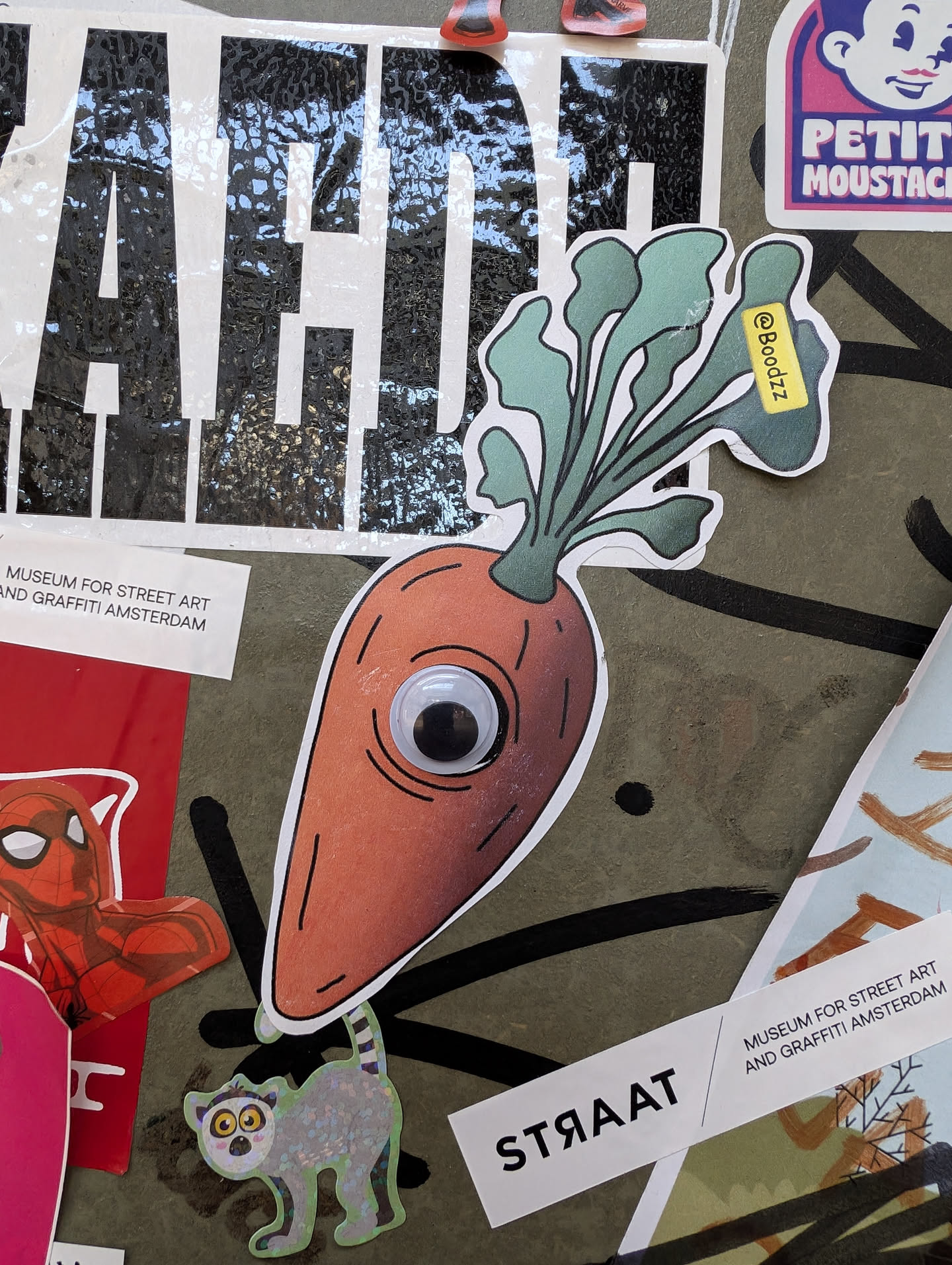 A sticker of a carrot with one googly eye. The carrot is orange with green leaves on top. There is a small yellow sticker on the leaves with the text '@Boodzz'.