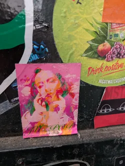 A pink and white sticker with orange highlights on a wall. The sticker depicts a portrait of a person, and below the image, the text 'FIZZ POP' is written in green.