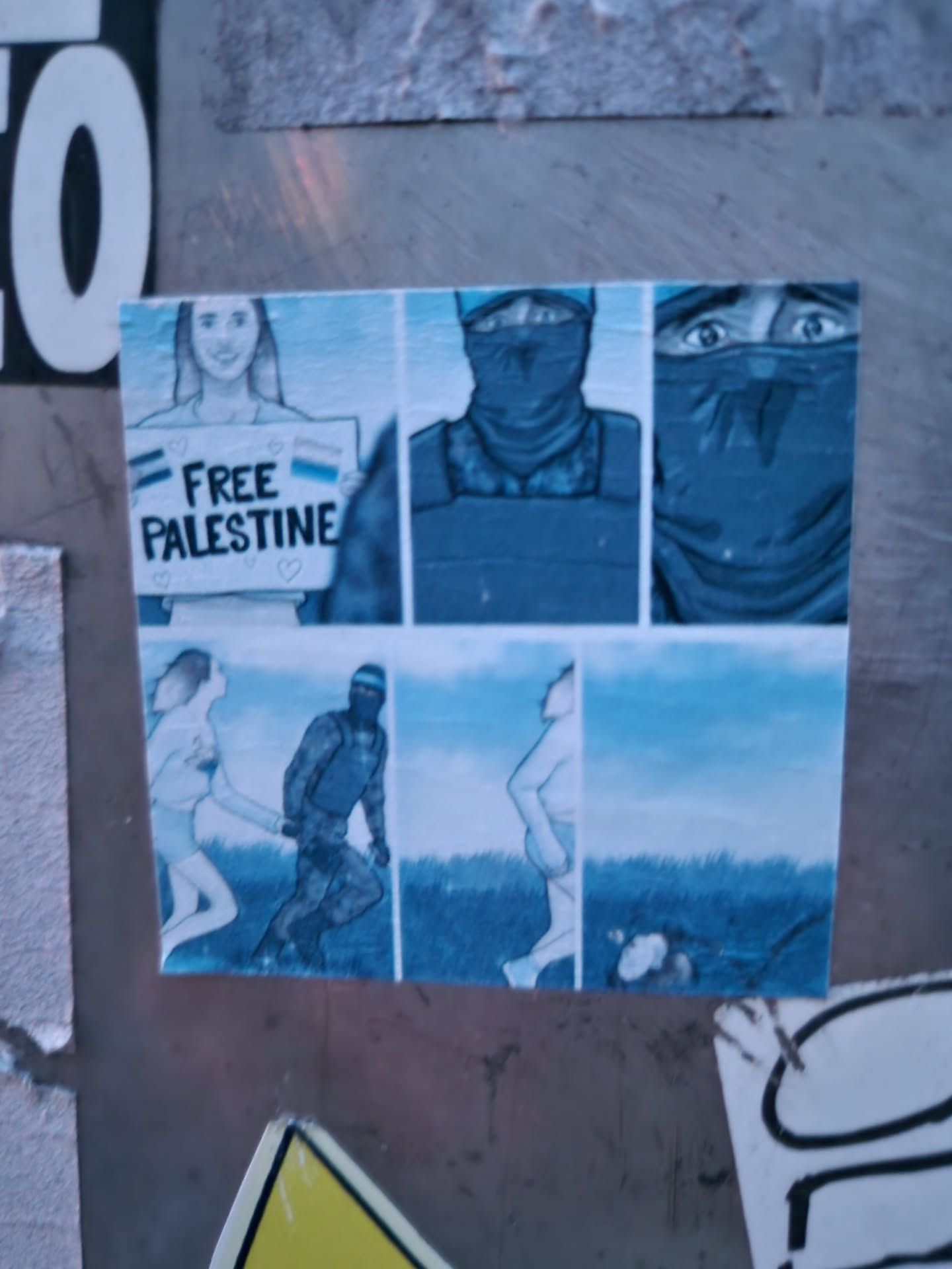 A sticker showing a collage of images related to the Palestinian cause. The top left image shows a woman holding a sign saying "Free Palestine". The other images depict masked figures and people running in a field.