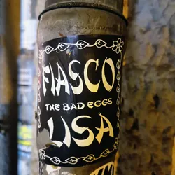 A black and white sticker with the text "FIASCO" in a stylized font, with the words "THE BAD EGGS" underneath and "USA" below that. The sticker has a decorative border of leaves and flowers. It is affixed to a weathered metal pipe.