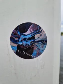 Round sticker featuring an abstract design in shades of blue, black, and red. The text 'nobodyinfact' is visible at the bottom of the sticker.