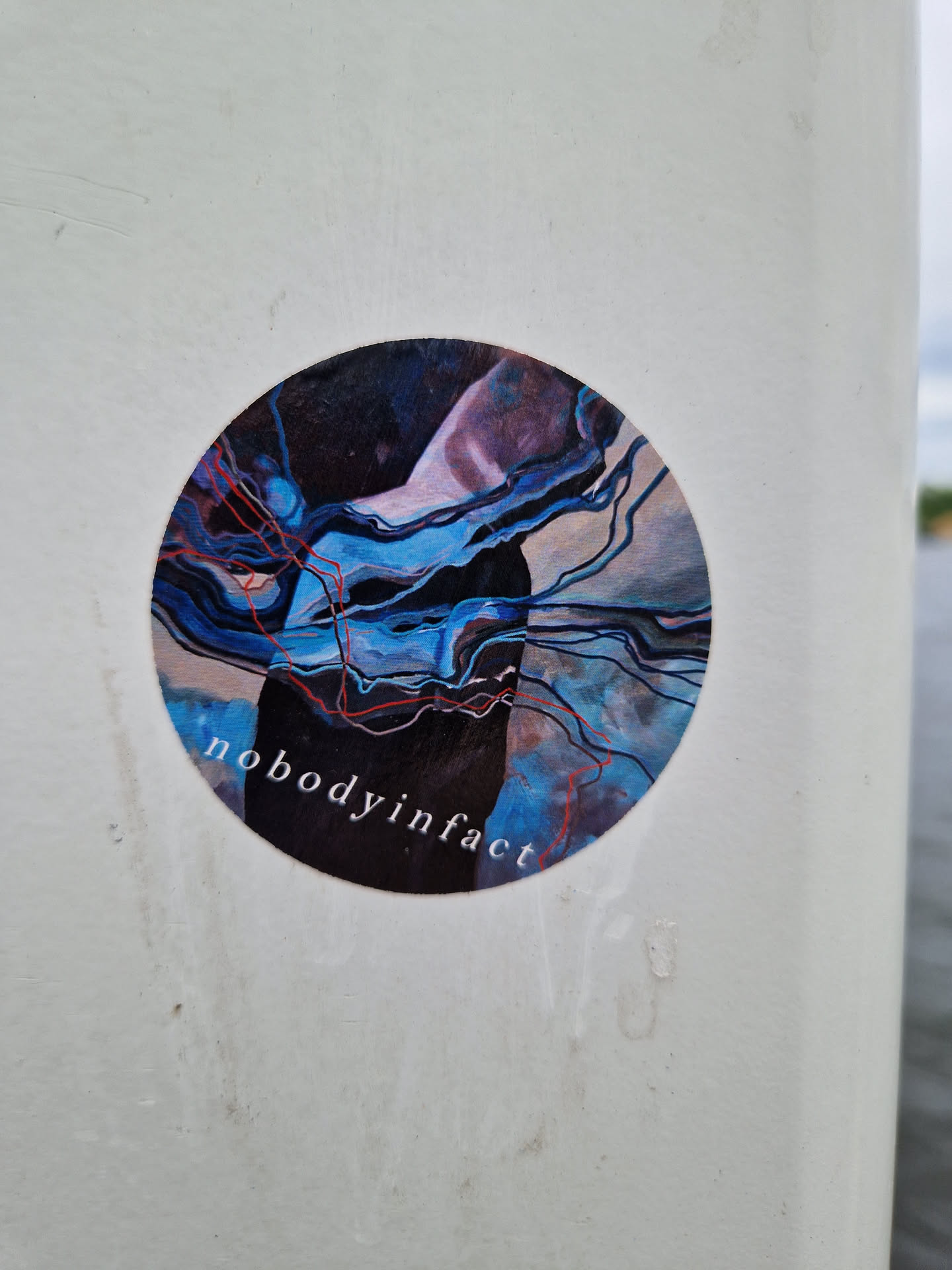 Round sticker featuring an abstract design in shades of blue, black, and red. The text 'nobodyinfact' is visible at the bottom of the sticker.