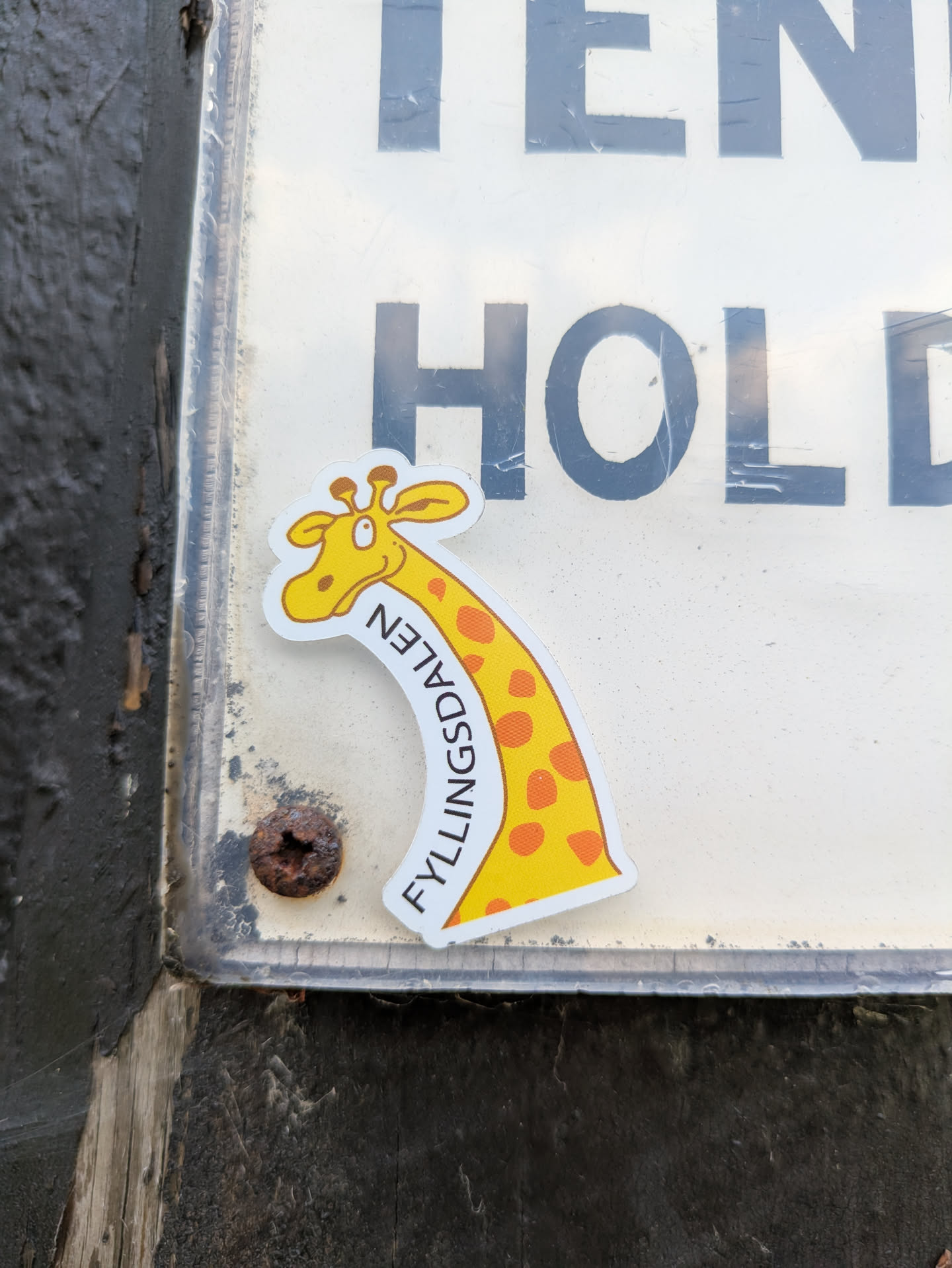A vibrant yellow cartoon giraffe sticker with orange spots and brown outlines is prominently displayed on a worn, white sign. The giraffe's head, featuring two small ossicones and a friendly expression, is at the top, and its long, curving neck extends downwards. Along the curve of its neck, the black text 'FYLLINGSDALEN' is written vertically. The sticker has a clean white border. The background sign shows faint, large black letters, with 'EN' and 'HOLD' being partially visible. A rusty screw is seen below the giraffe's neck, securing the sign. The overall setting appears to be an outdoor urban environment, with a dark, textured surface (possibly a wall or post) on the left.