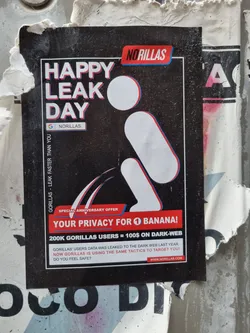 Street sticker A sticker with a provocative message about data leaks and online privacy, featuring a figure seemingly urinating data.  The sticker is from NoRillas, which seems to be a cybersecurity company making a statement about data privacy and the dark web.