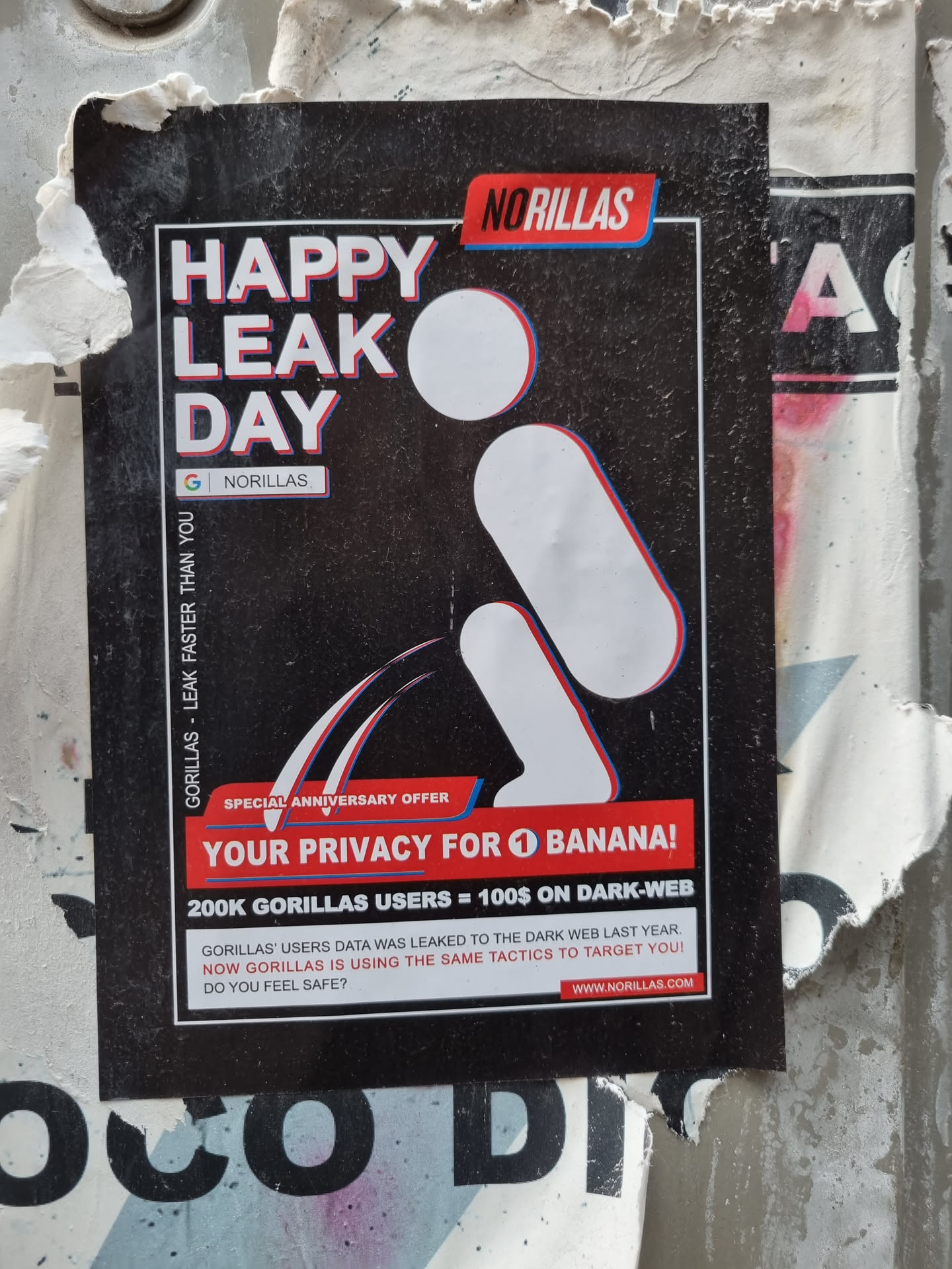 A sticker with a provocative message about data leaks and online privacy, featuring a figure seemingly urinating data.  The sticker is from NoRillas, which seems to be a cybersecurity company making a statement about data privacy and the dark web.