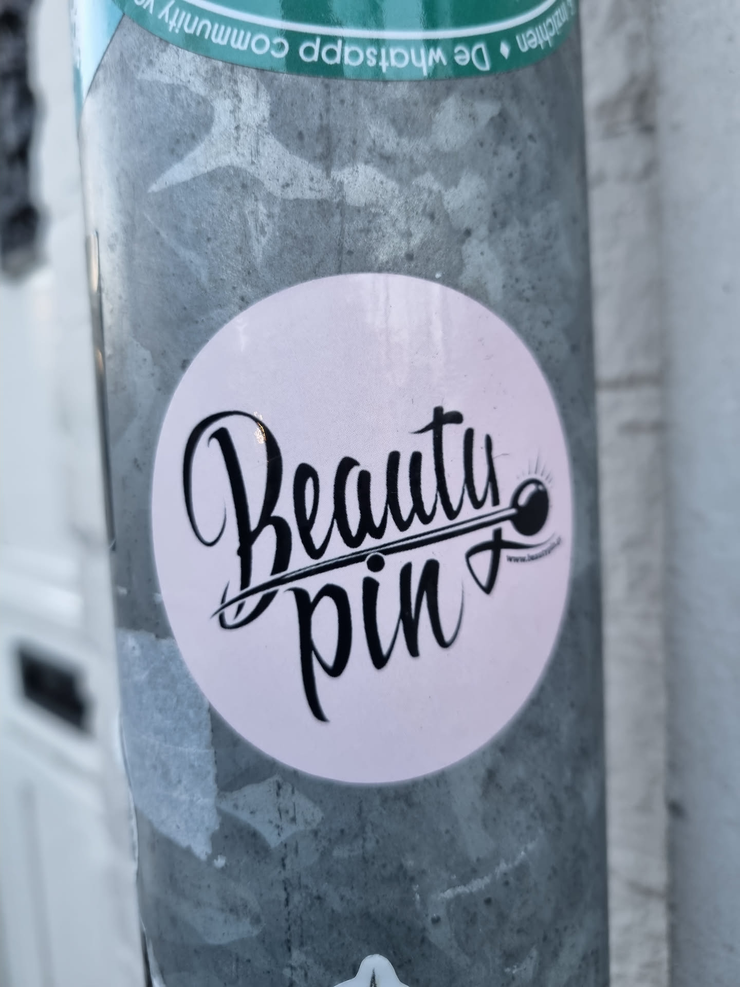Round sticker with the text BeautyPin written in a stylized font.  There is a small graphic of an eye lash next to the text. The sticker is pale pink with black text and graphic. It is affixed to a grey metal surface.