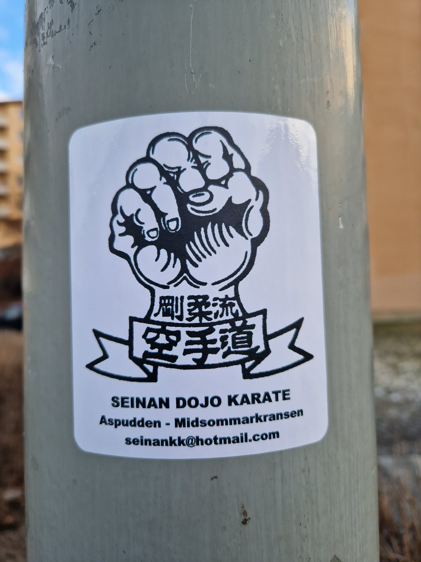 A black and white sticker with a fist and Japanese characters. It contains the text "SEINAN DOJO KARATE", the address "Aspudden - Midsommarkransen", and an email address.